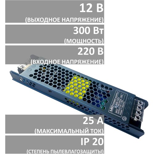 фотография Блок питания для светодиодной ленты 12 В 300 Вт 25 А универсальный, купить за 2230 руб онлайн