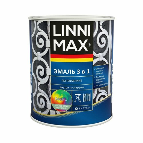 фотография Эмаль по ржавчине 3 в 1 Linnimax шелковисто-матовая (0,75л) белый RAL 9003, купить за 2000 руб онлайн